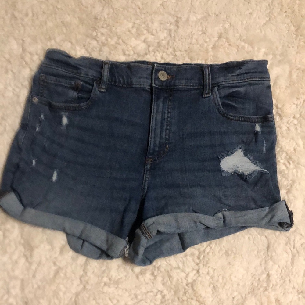 Blue Distressed Jean Shorts with Cuffed Hem